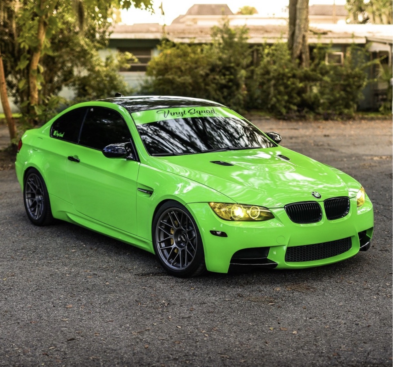 BMW coupe wrapped in lime green
